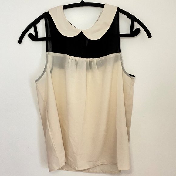 Peter pan collar top, Beige with black mesh, Size: Small - Picture 1 of 3